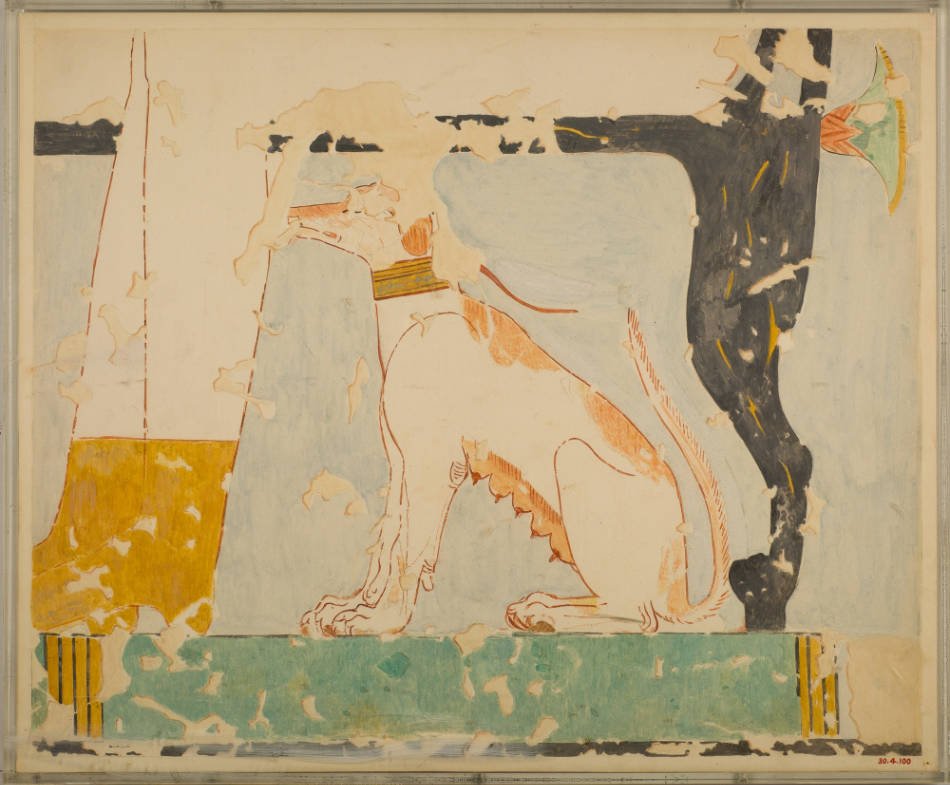 Do dogs like collars: Facsimile of a painting in the tomb of Nebamun: dog seated beneath Its owner's chair