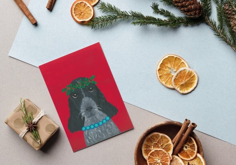 Dog christmas card, spaniel card, dog greetings card